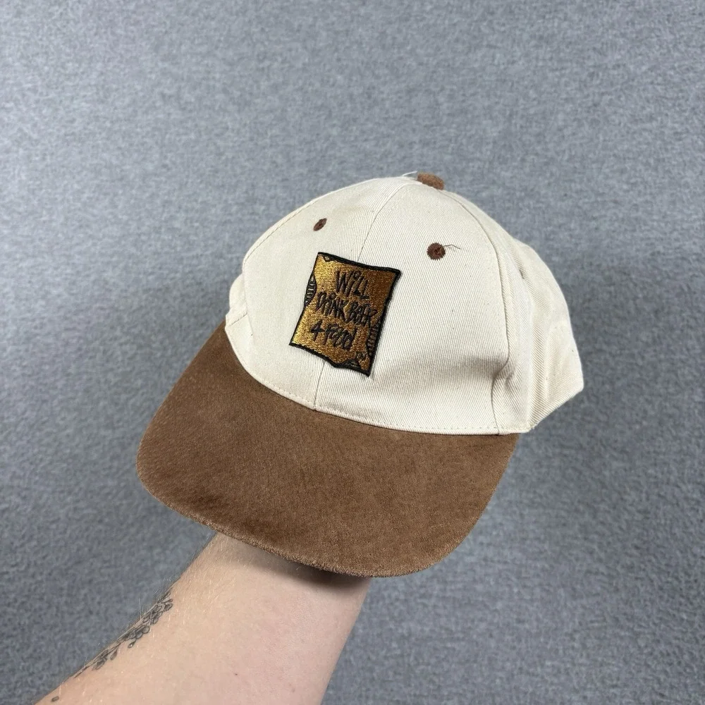 Vintage Will Drink Beer 4 Food Hat Cap Leather Strapback Two Tone Suede Bill KC